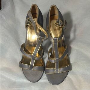 Coach Trixy Wedge Heel Sandals Slate Grey With Gold Trim